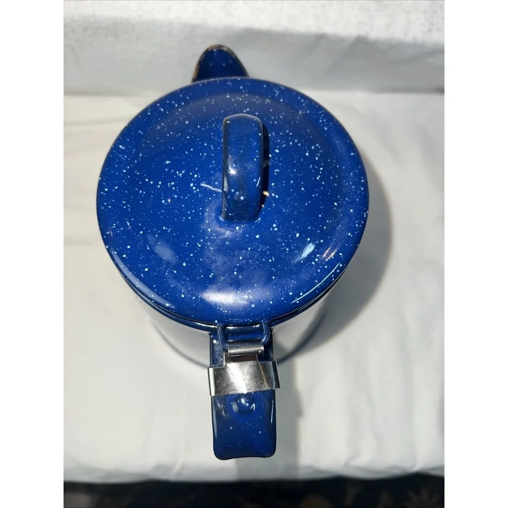 Vintage Blue Speckled Enamel Coffee Pot Campfire Cowboy Kettle Rustic Camping 9
